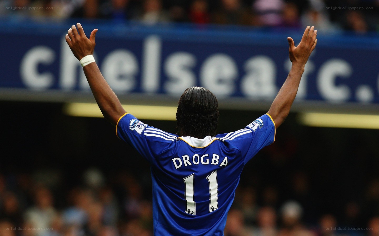 Drogba celebrates with arms raised