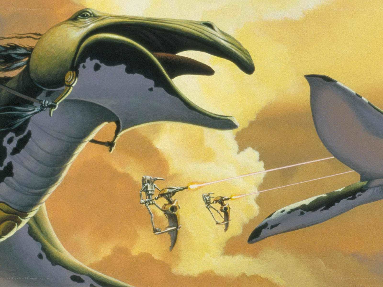 Droid fighters attack star creatures