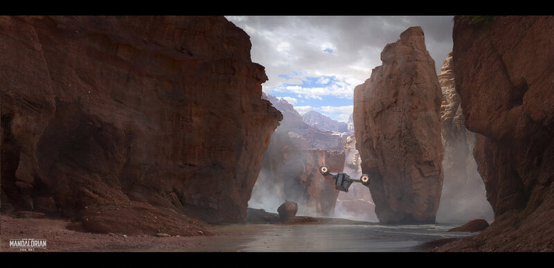 Droid Flying Through Canyon