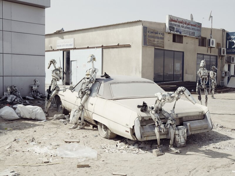 Droid Robots Around Car — White, Desolate