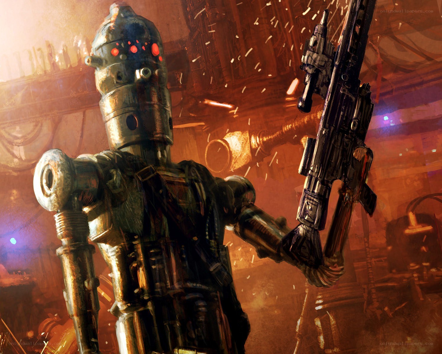 droid with blaster in industrial setting