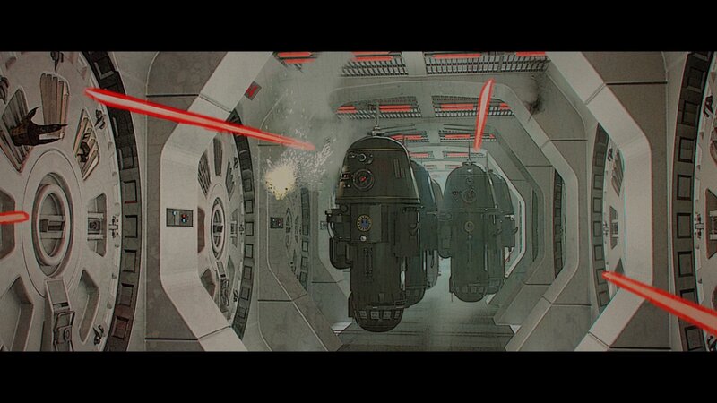 Droids in a Spaceship Corridor