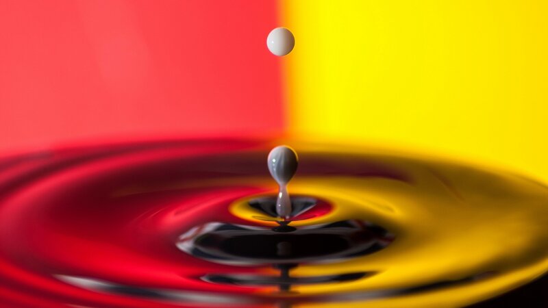 Droplet Falling into Liquid — Red, Dramatic, Photograph