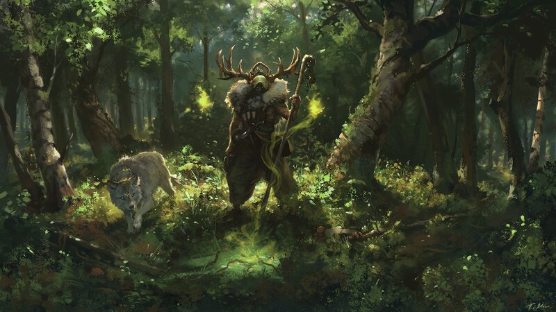 Druid with Wolf in Forest