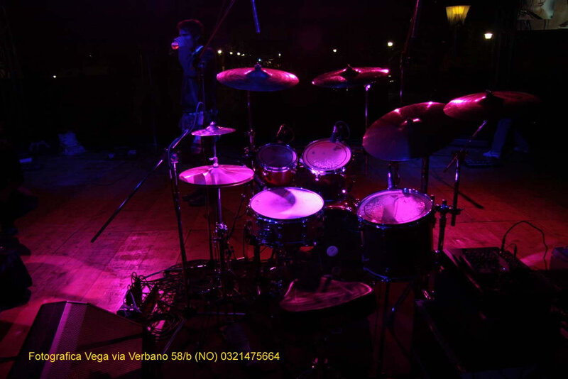 Drum set on a dimly lit stage