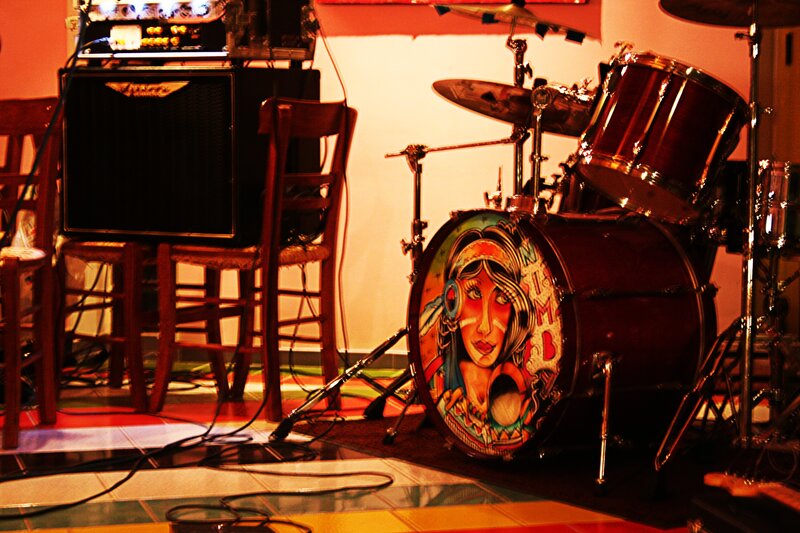 drum set with painted bass drum