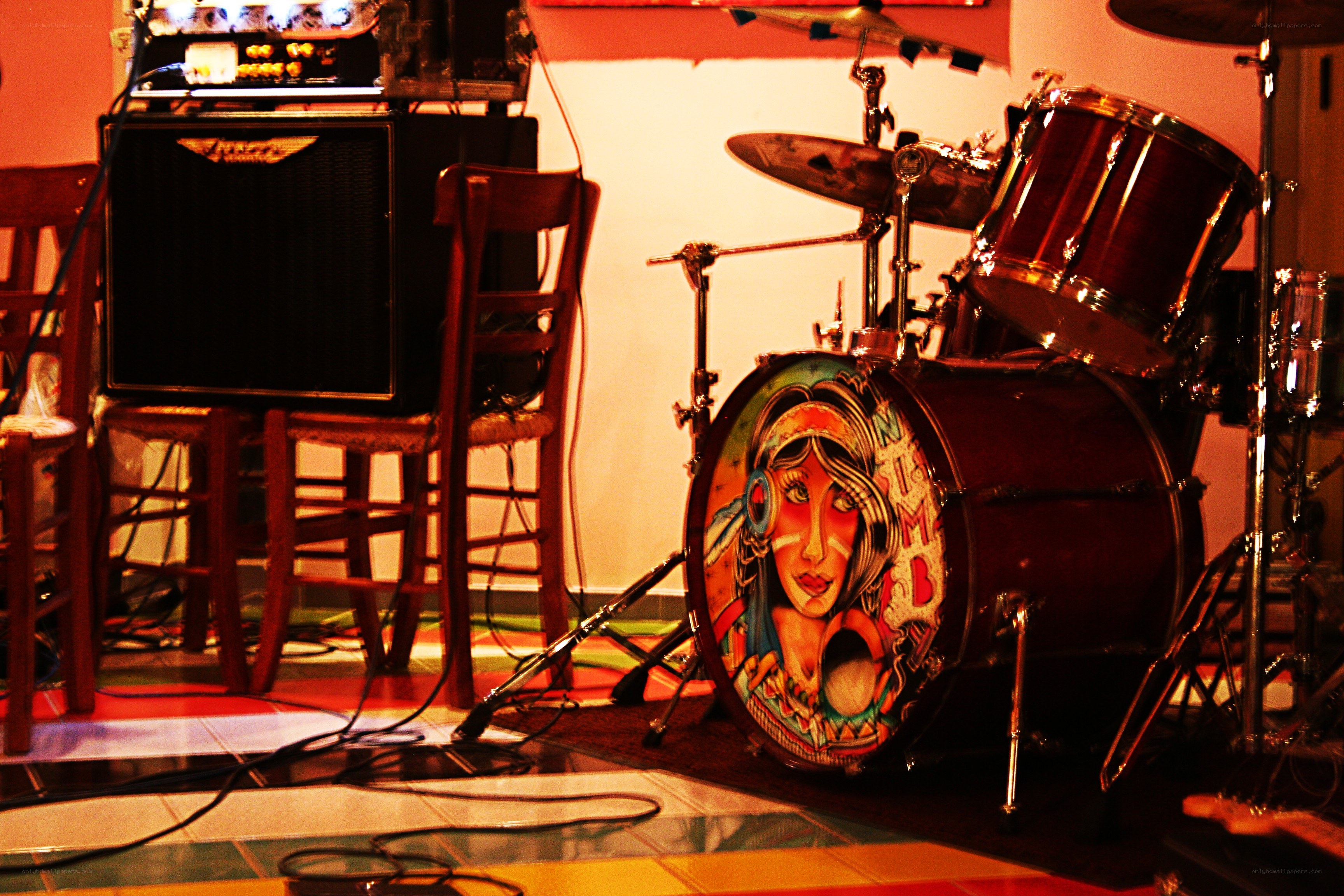 drum set with painted bass drum