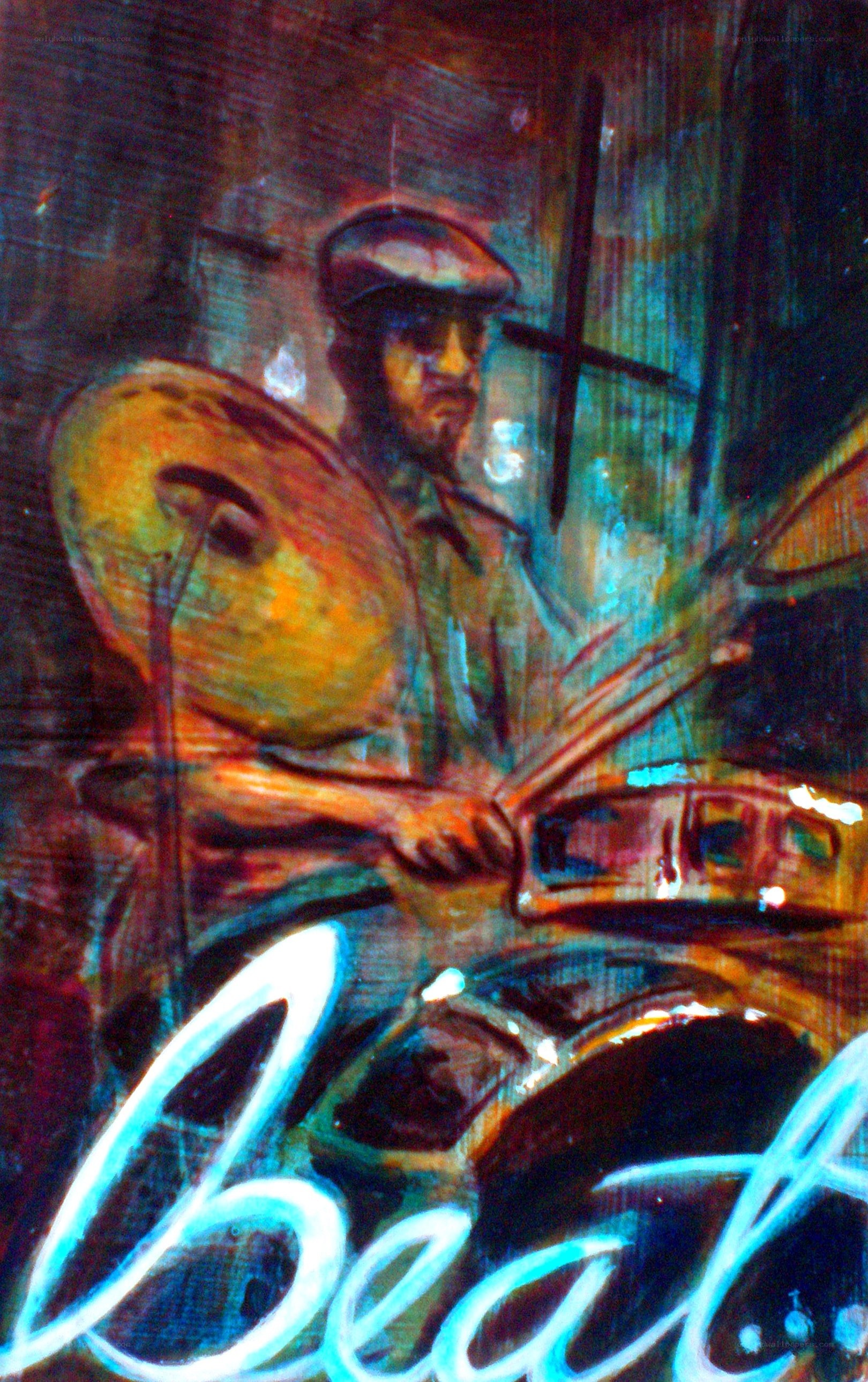 drummer painting with neon text