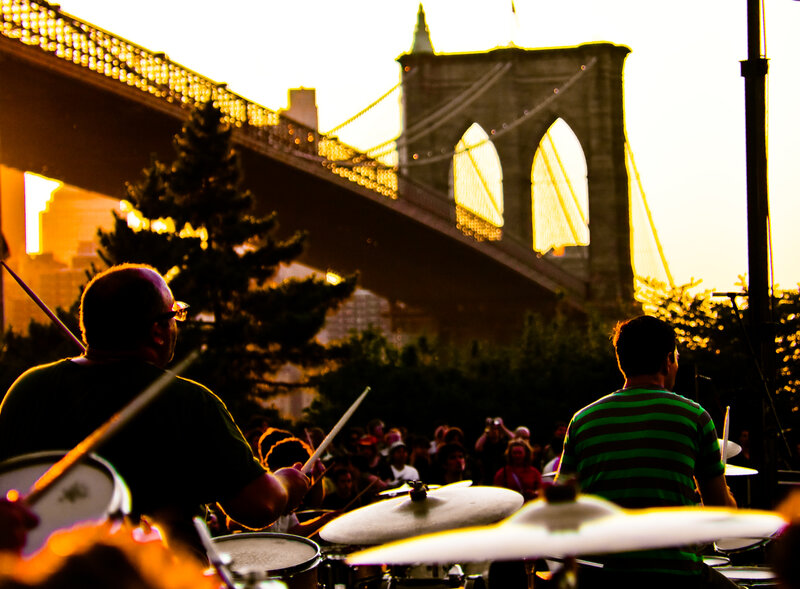 Drummers at Brooklyn Bridge sunset
