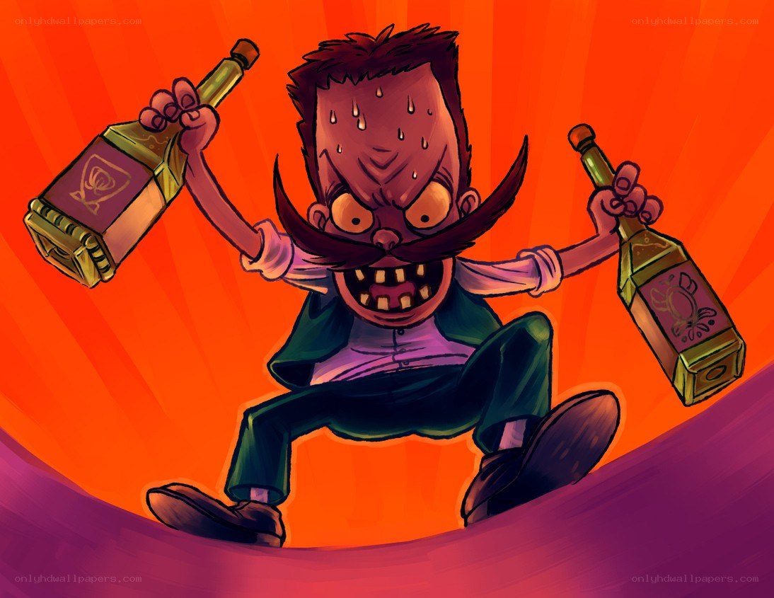 drunk cartoon character with bottles