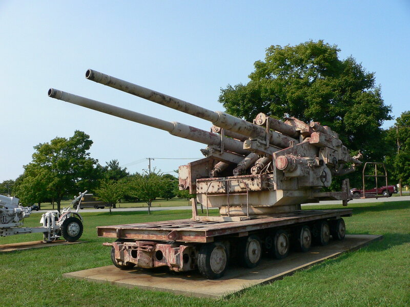 Dual-barrel artillery gun on display