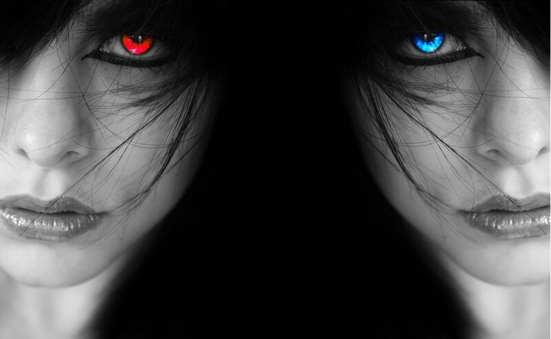 Dual eyes with red and blue irises