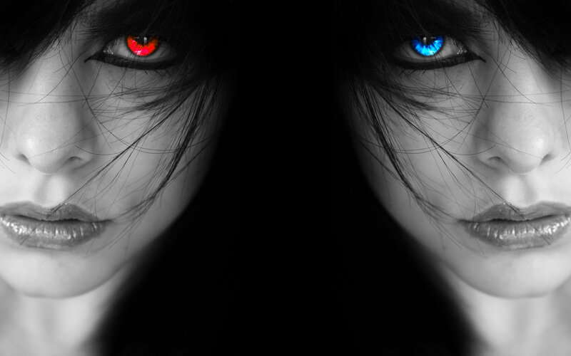 Dual eyes with red and blue irises