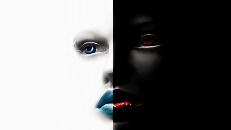 dual face with blue and red eyes