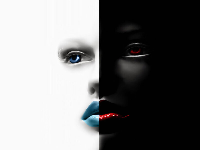 dual face with blue and red eyes
