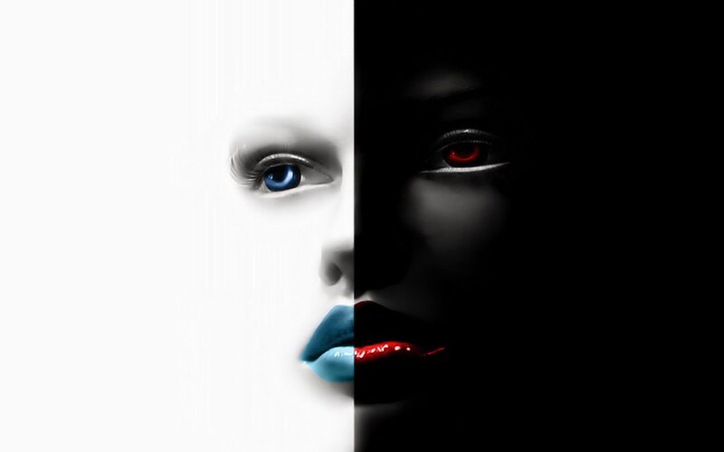 dual face with blue and red eyes