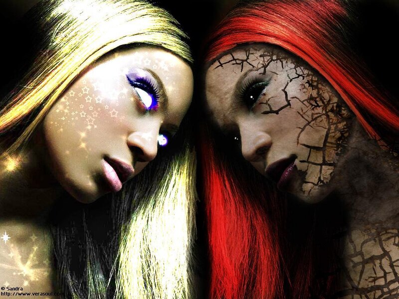 Dual female portraits with contrasting themes