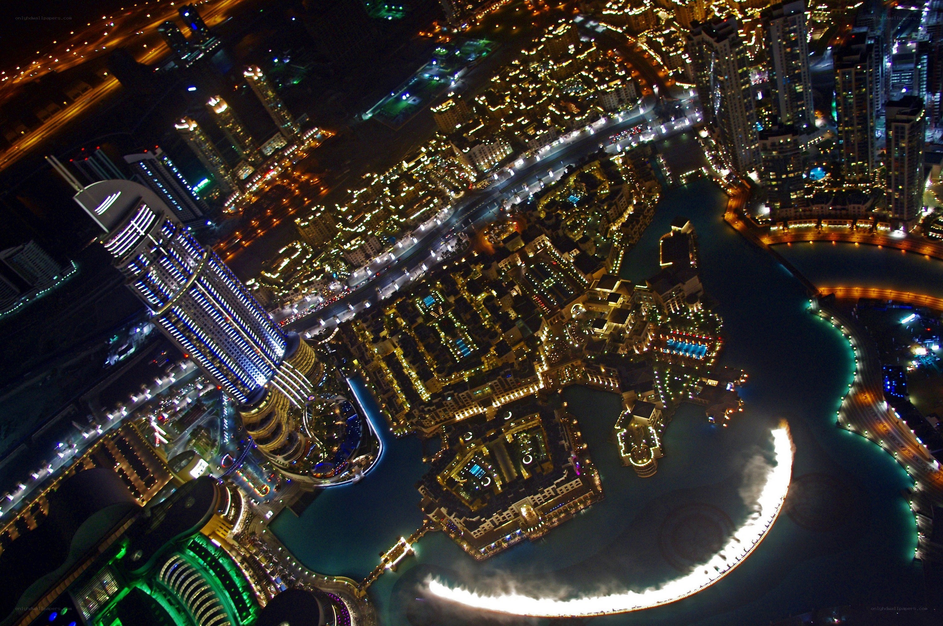 Dubai at night aerial view