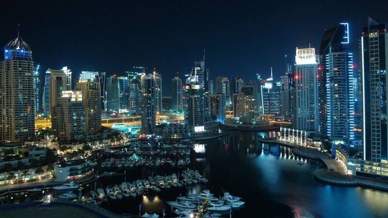 Dubai Marina at Night — Black, Dramatic
