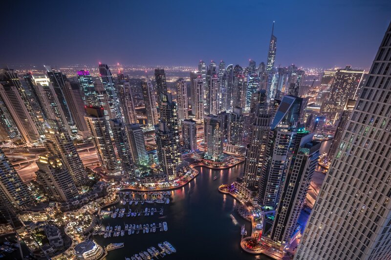 Dubai Marina at Night — Blue, Dramatic, Photograph