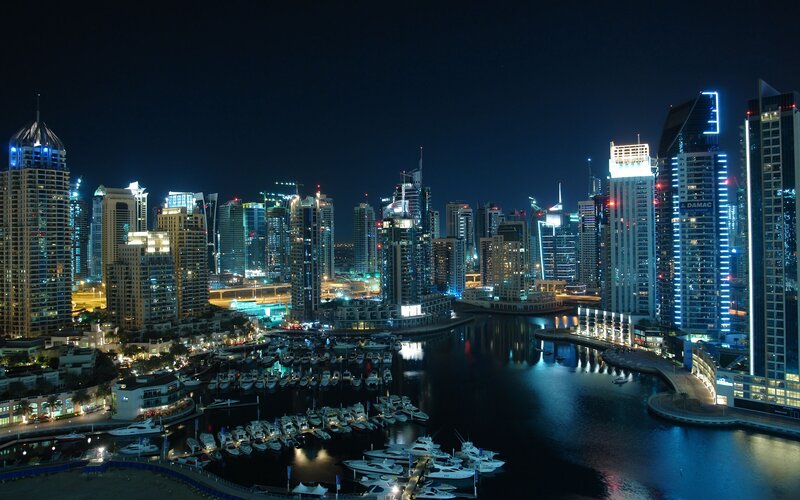Dubai Marina at Night — Blue, Dramatic