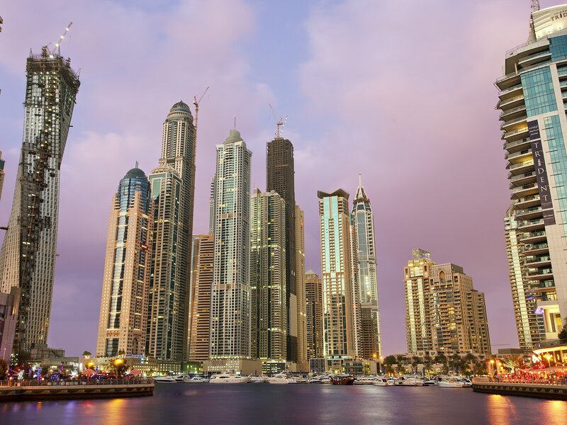 Dubai Marina skyline at dusk