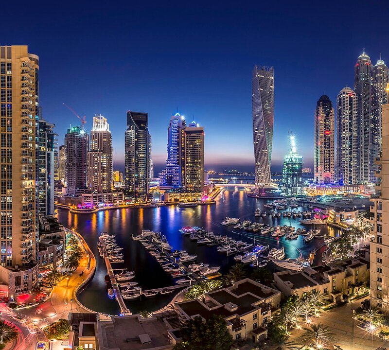 Dubai Marina Skyline — Blue, Dramatic, Night, Photograph, Skyscrapers, Boats