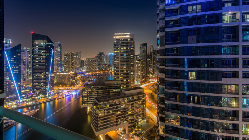 Dubai Marina Skyline — Blue, Dramatic, Night, Photograph, Skyscrapers, Canal