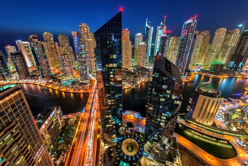 Dubai Marina Skyline — Blue, Dramatic, Night, Photograph