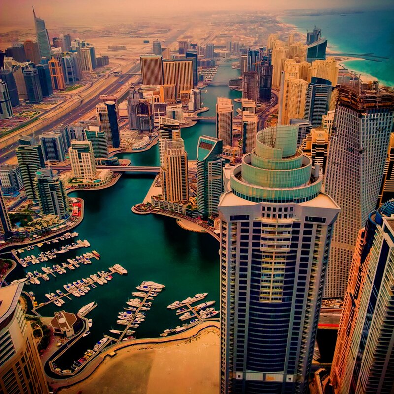 Dubai Marina Skyline — Blue, Dramatic, Sunset, Photograph, Skyscrapers, Highway, Gold