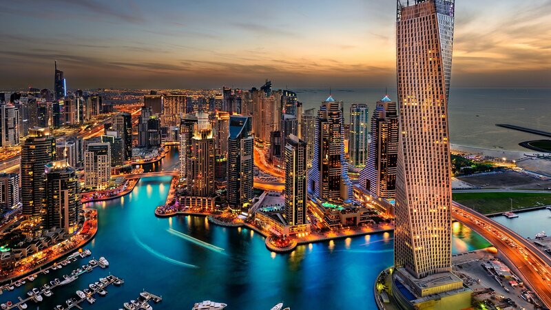 Dubai Marina Skyline — Blue, Dramatic, Sunset, Photograph, Skyscrapers, Highway