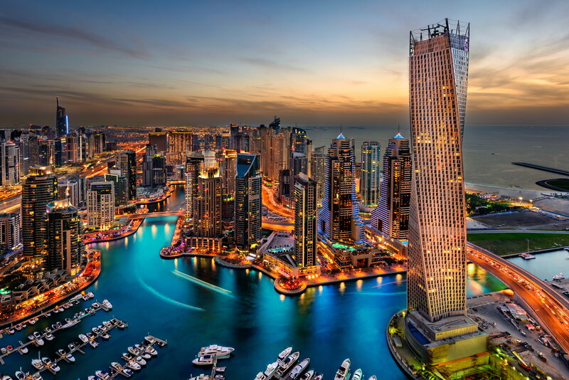 Dubai Marina Skyline — Blue, Dramatic, Sunset, Photograph