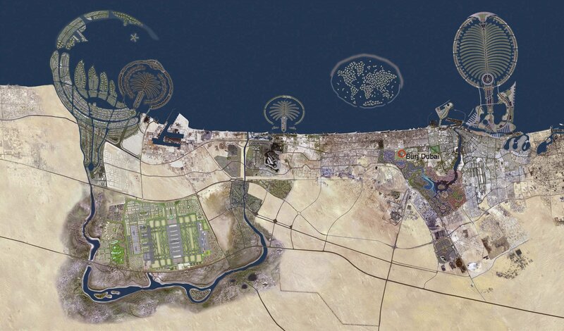 Dubai satellite map with landmarks