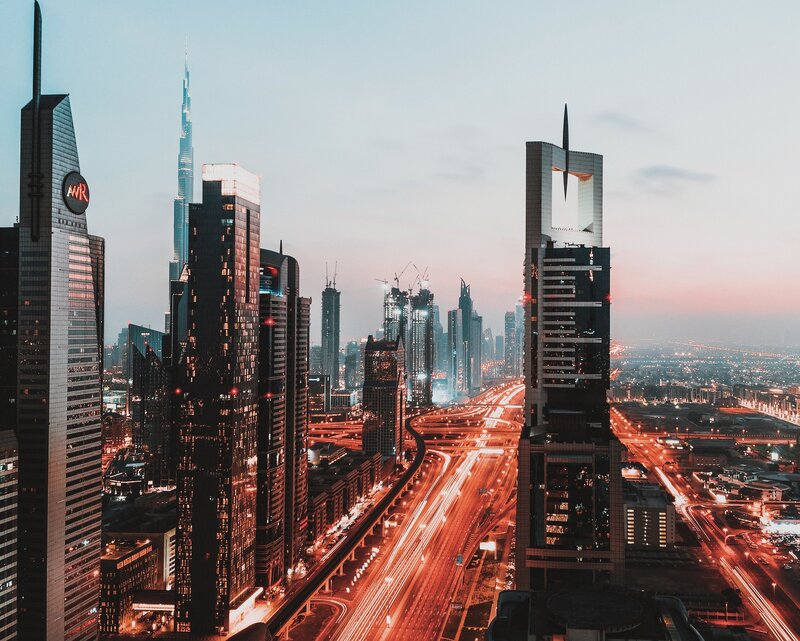 Dubai Skyline at Dusk — Orange, Dramatic