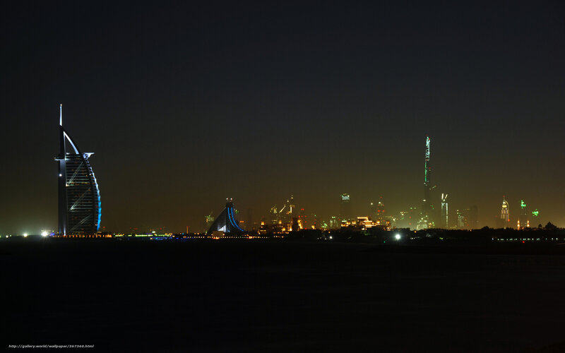 Dubai Skyline at Night — Black, Dark, Photograph, Burj Al Arab