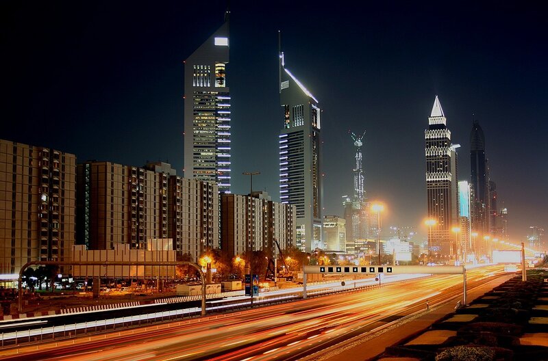 Dubai Skyline at Night — Black, Dramatic, Photograph, Skyscrapers, Highway, Traffic
