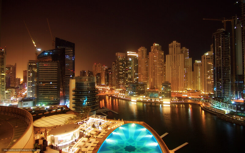 Dubai Skyline at Night — Black, Dramatic, Photograph, Skyscrapers, River