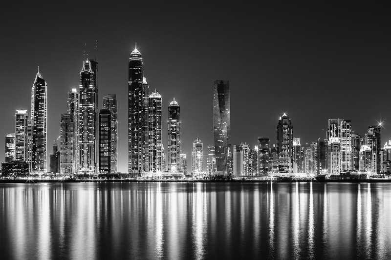 Dubai Skyline at Night — Black, Dramatic, Photograph, Skyscrapers