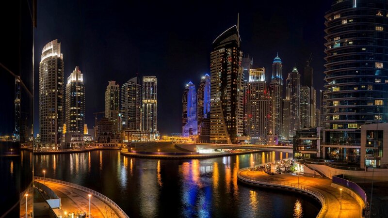 Dubai Skyline at Night — Black, Dramatic, Photograph