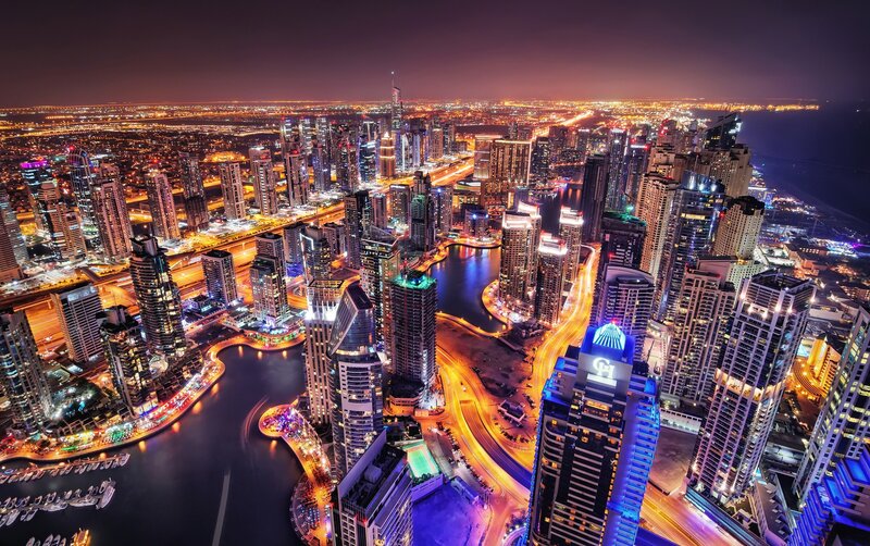 Dubai Skyline at Night — Blue, Dramatic, Photograph, Skyscrapers, Canals, Roads