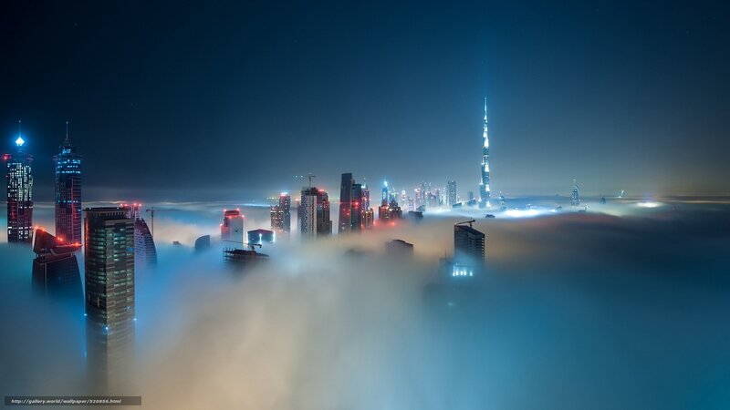 Dubai Skyline at Night — Blue, Dramatic, Photograph, Skyscrapers, Fog
