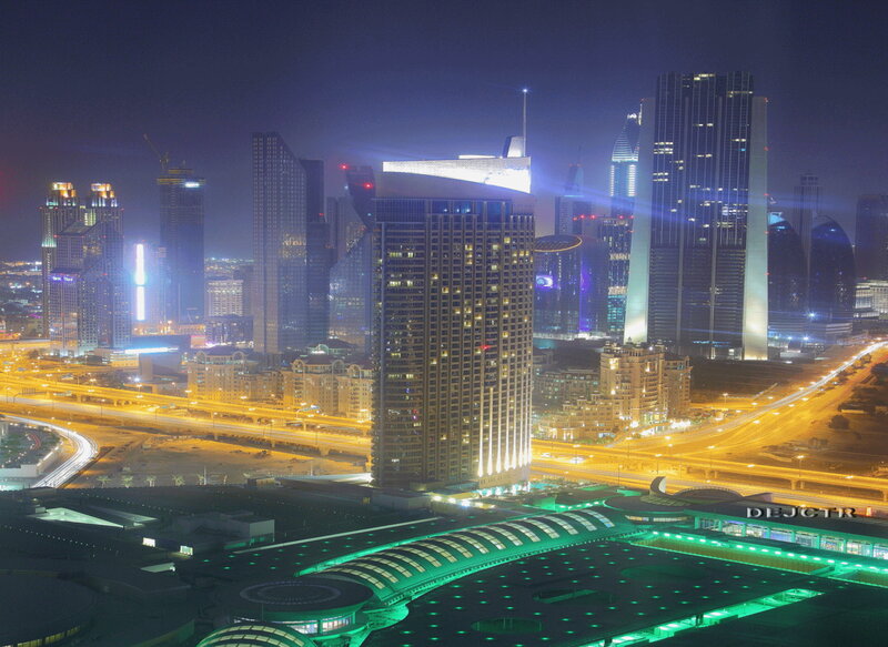 Dubai Skyline at Night — Blue, Dramatic, Photograph, Skyscrapers
