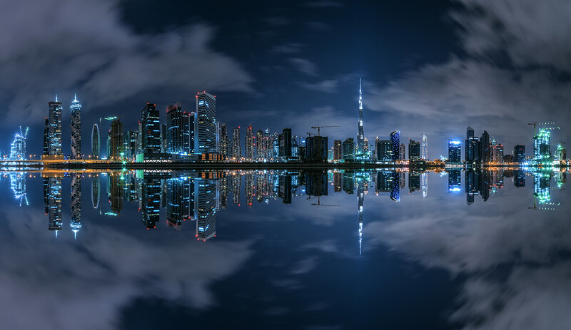 Dubai Skyline at Night — Blue, Serene, Photograph, Skyscrapers