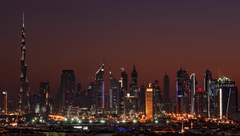 Dubai Skyline at Night — Purple, Dramatic