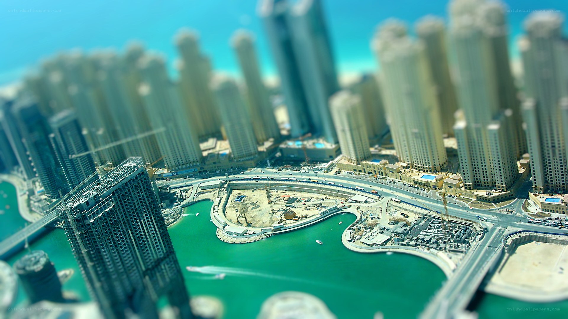 Dubai skyline tilt-shift view