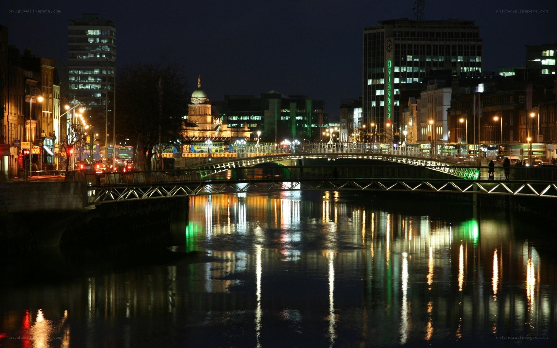 Dublin at night with river and bridge