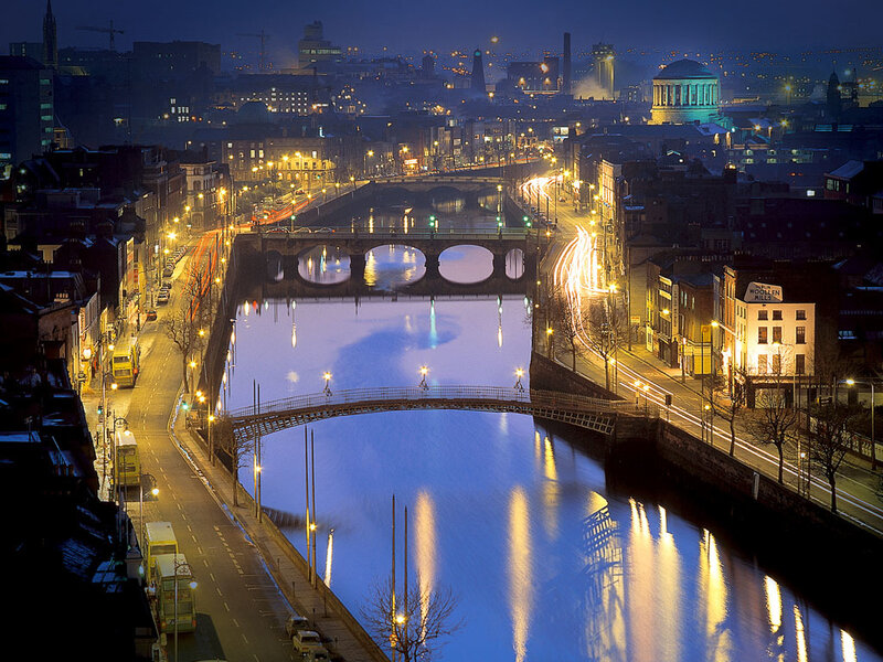 Dublin at night with river and bridges