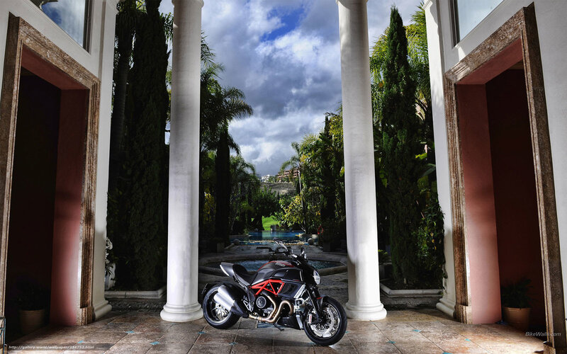 Ducati Diavel in a luxurious courtyard