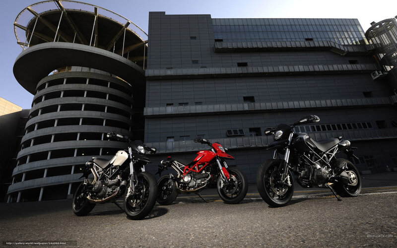 Ducati motorcycles in front of modern building