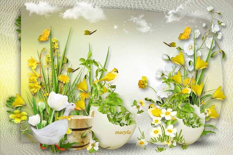 Duck and Birds in Flowers